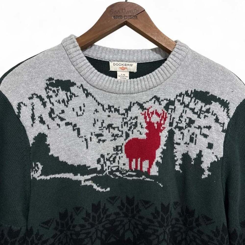 Dockers Winter Mountain Deer Sweater Size L Green Black Grey Cotton